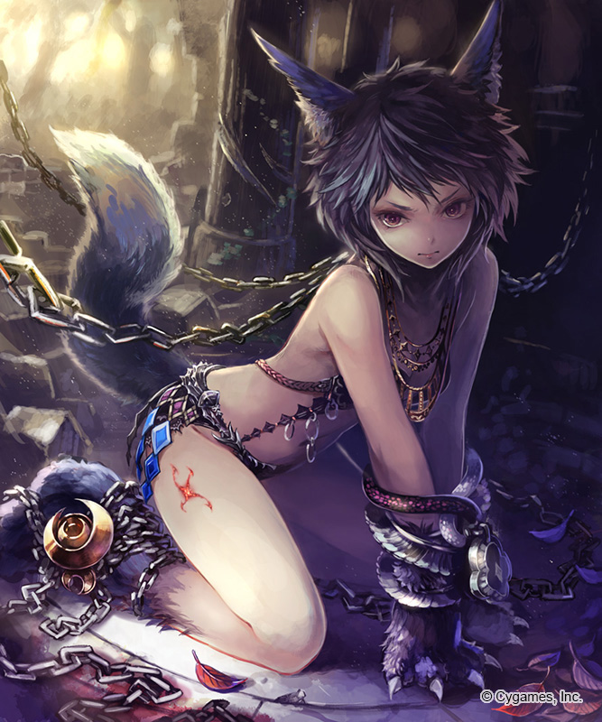 all_fours alternate_hairstyle angry animal_ear_fluff animal_ears armor backlighting bikini_armor bound bound_arms bound_legs chain claws cygames fantasy fenrir_(shingeki_no_bahamut) jewelry leaf light_particles looking_at_viewer mayoko_(sisqo_5003) navel necklace purple_hair ruins shingeki_no_bahamut short_hair solo sunlight tail wolf_tail