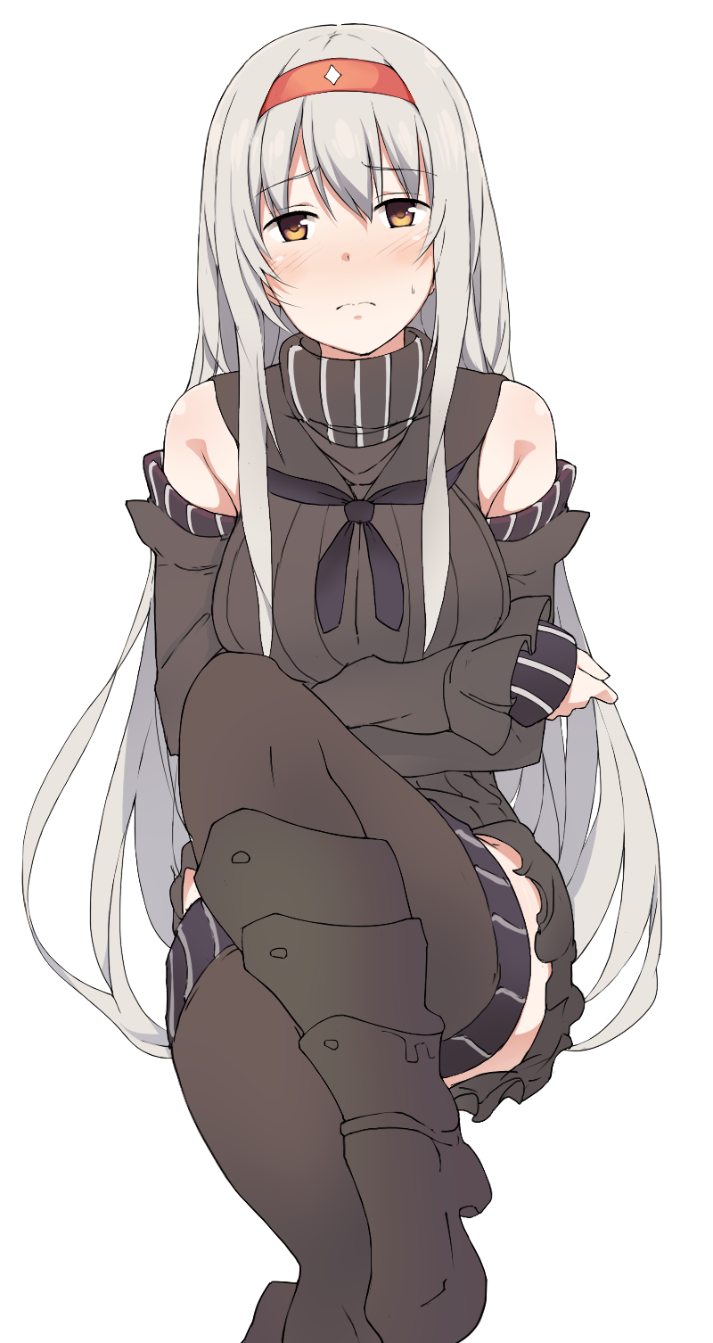 aircraft_carrier_water_oni aircraft_carrier_water_oni_(cosplay) armor armored_boots bad_id bad_pixiv_id blush boots breasts cosplay detached_sleeves dress hairband highres kantai_collection knee_boots large_breasts long_hair ribbed_dress sailor_dress short_dress shoukaku_(kantai_collection) solo suisen_toire_(moko924) thighhighs white_hair yellow_eyes zettai_ryouiki