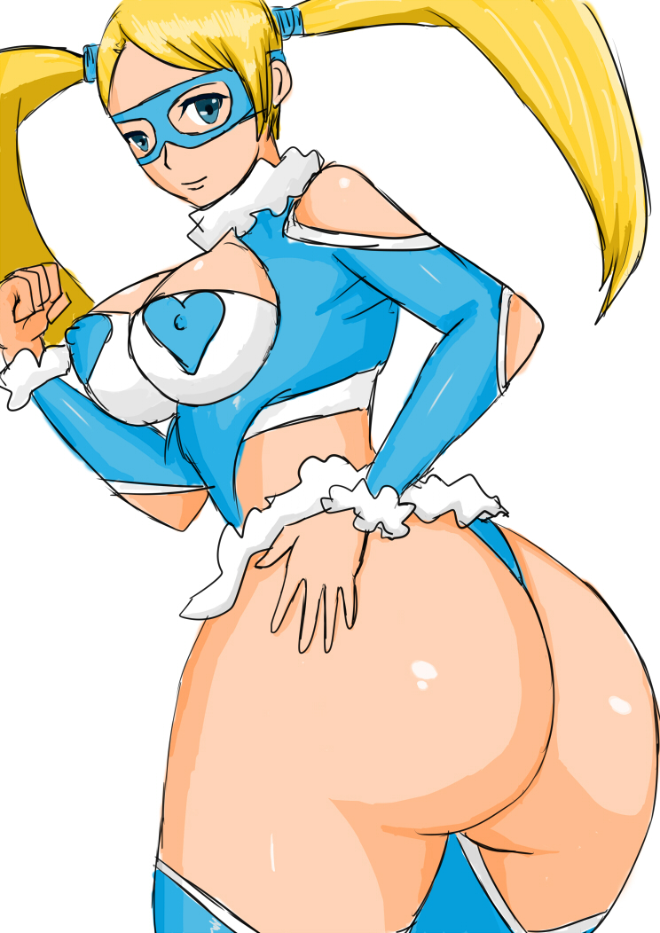 1girl artist_request ass bare_shoulders blonde_hair blue_eyes breasts capcom domino_mask erect_nipples female from_behind huge_ass large_breasts leotard long_hair looking_at_viewer looking_back mask open_mouth rainbow_mika shiny shiny_skin simple_background smile solo street_fighter street_fighter_zero street_fighter_zero_3 street_fighter_zero_iii thong thong_leotard twintails