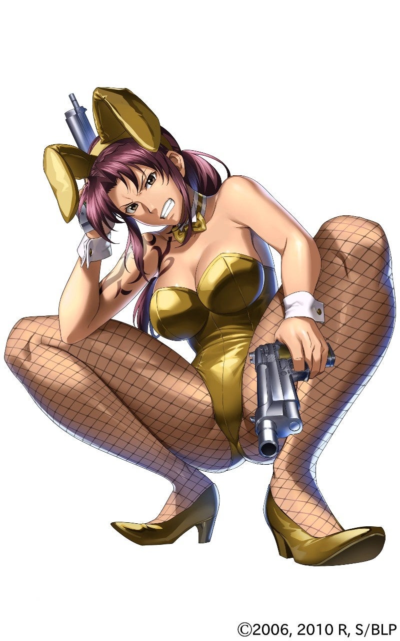 1girl angry animal_ears artist_request ass_visible_through_thighs bare_shoulders beretta_92 black_lagoon black_lagoon:_heaven's_shot bow bowtie breasts brown_eyes brown_hair cleavage clenched_teeth copyright_notice detached_collar dual_wielding fake_animal_ears fishnet_pantyhose fishnets full_body gun handgun high_heels highres holding large_breasts leotard long_hair looking_at_viewer official_alternate_costume official_art pantyhose playboy_bunny ponytail rabbit_ears revy_(black_lagoon) shoulder_tattoo solo squatting strapless strapless_leotard tachi-e tattoo teeth third-party_source traditional_bowtie tribal_tattoo weapon white_background wrist_cuffs yellow_leotard