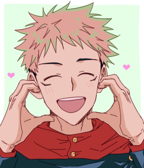 1boy ^_^ bad_id bad_twitter_id blush close-up closed_eyes commentary facial_mark heart hood hoodie itadori_yuuji jujutsu_kaisen male_focus nackseojang open_mouth pink_hair red_hoodie short_hair simple_background smile solo spiked_hair symbol-only_commentary teeth upper_teeth_only