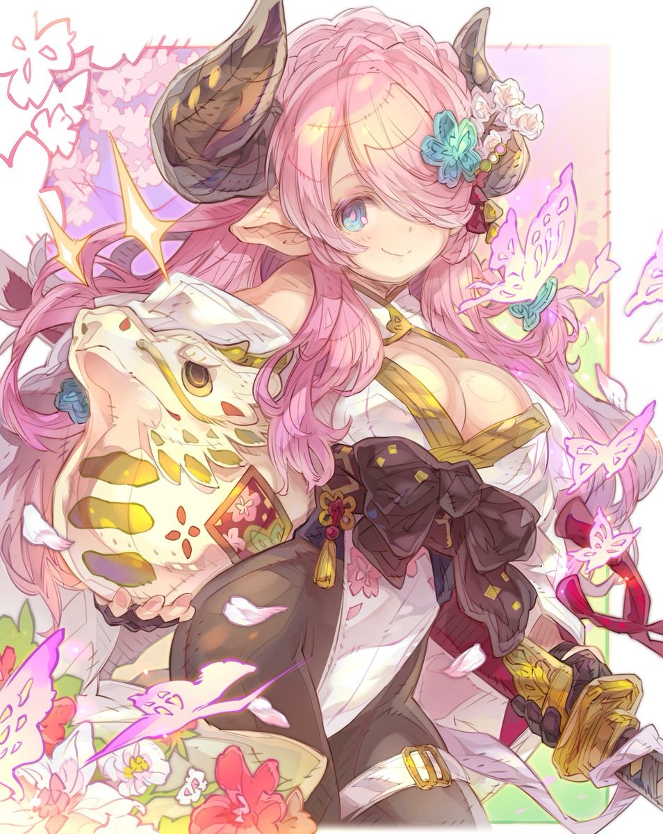 1girl black_pantyhose blue_eyes breasts bug butterfly cherry_blossoms chinese_zodiac cleavage cleavage_cutout clothing_cutout cowboy_shot detached_sleeves dragon flower glowing_butterfly granblue_fantasy hair_over_one_eye haku_(sabosoda) highres holding holding_sword holding_weapon horns katana large_breasts leotard narmaya_(granblue_fantasy) pantyhose pink_hair solo sparkle sword thigh_strap weapon white_leotard year_of_the_dragon