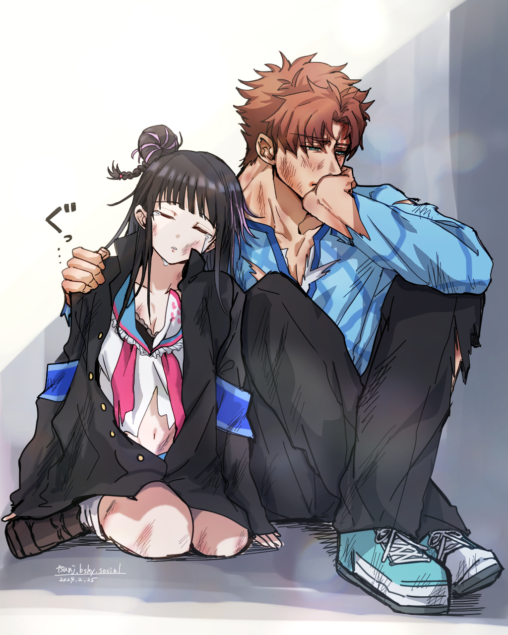 1boy 1girl arm_around_shoulder asamine_matakara black_hair black_jacket black_pants bluesky_username blunt_bangs breasts brown_hair bucchigiri?! closed_eyes crossed_ankles dirty dirty_face green_eyes hair_bun hand_on_another's_shoulder highres jacket jin_mahoro long_hair long_sleeves multicolored_hair navel pants purple_hair shirt shoes sitting small_breasts sneakers streaked_hair torn_clothes torn_shirt tsunj