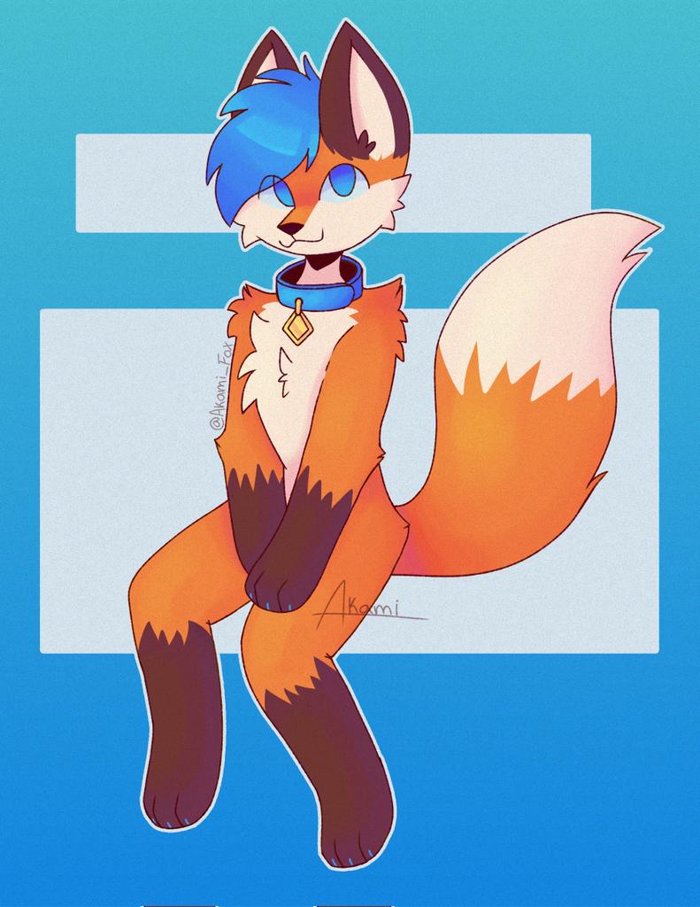 alissondafox anthro black_body black_fur blue_claws blue_eyes blue_hair canid canine claws collar dustythefox featureless_crotch fox fur hair male mammal orange_body orange_fur solo white_body white_fur