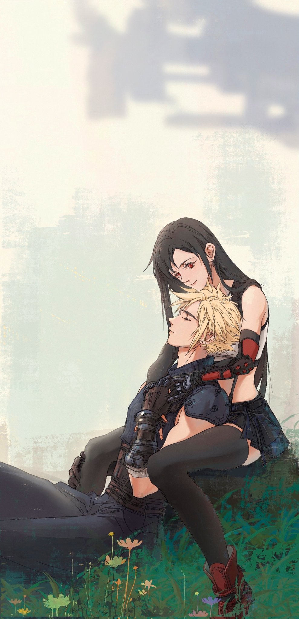 1boy 1girl aircraft airship armor baggy_pants bare_shoulders black_gloves black_hair black_skirt black_thighhighs blonde_hair blurry blurry_background boots christinelanc closed_eyes closed_mouth cloud_strife commentary couple crop_top earrings elbow_gloves final_fantasy final_fantasy_vii final_fantasy_vii_rebirth final_fantasy_vii_remake flower from_side gloves grass hand_on_another's_leg heads_together highres holding_hands hug hug_from_behind jewelry long_hair midriff on_lap outdoors pants profile red_eyes red_footwear shoulder_armor single_arm_guard sitting skirt sleeveless sleeveless_turtleneck spiked_hair suspender_skirt suspenders sweater tank_top thighhighs tifa_lockhart turtleneck turtleneck_sweater white_tank_top