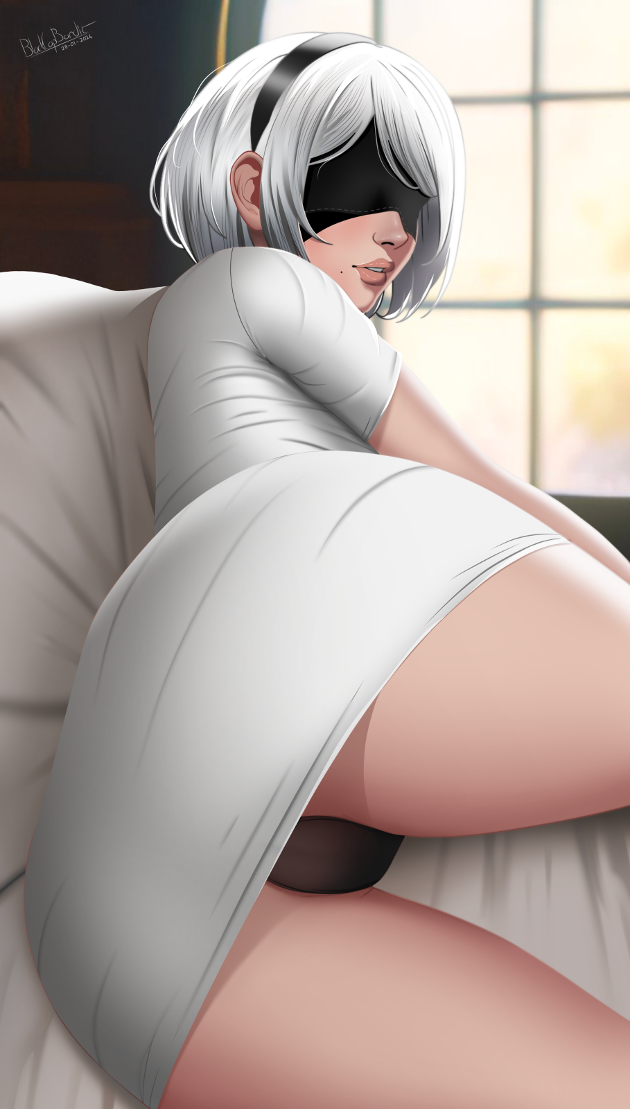 2b_(nier:automata) ass bad_source blackcapbandit blindfold dress highres looking_at_viewer panties pantyshot pinup_(style) revealing_clothes short_dress thighs underwear upskirt