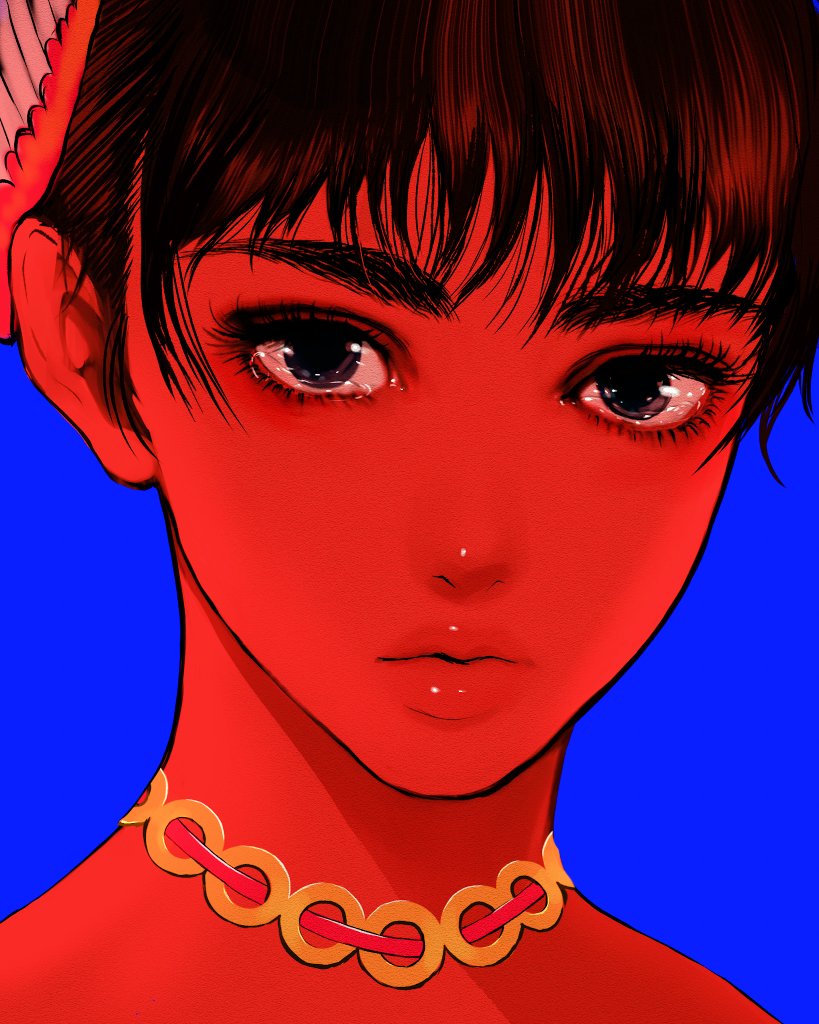 1girl berserk blue_background casca_(berserk) choker close-up commentary_request hair_ornament limited_palette lips nisino2222 portrait short_hair solo