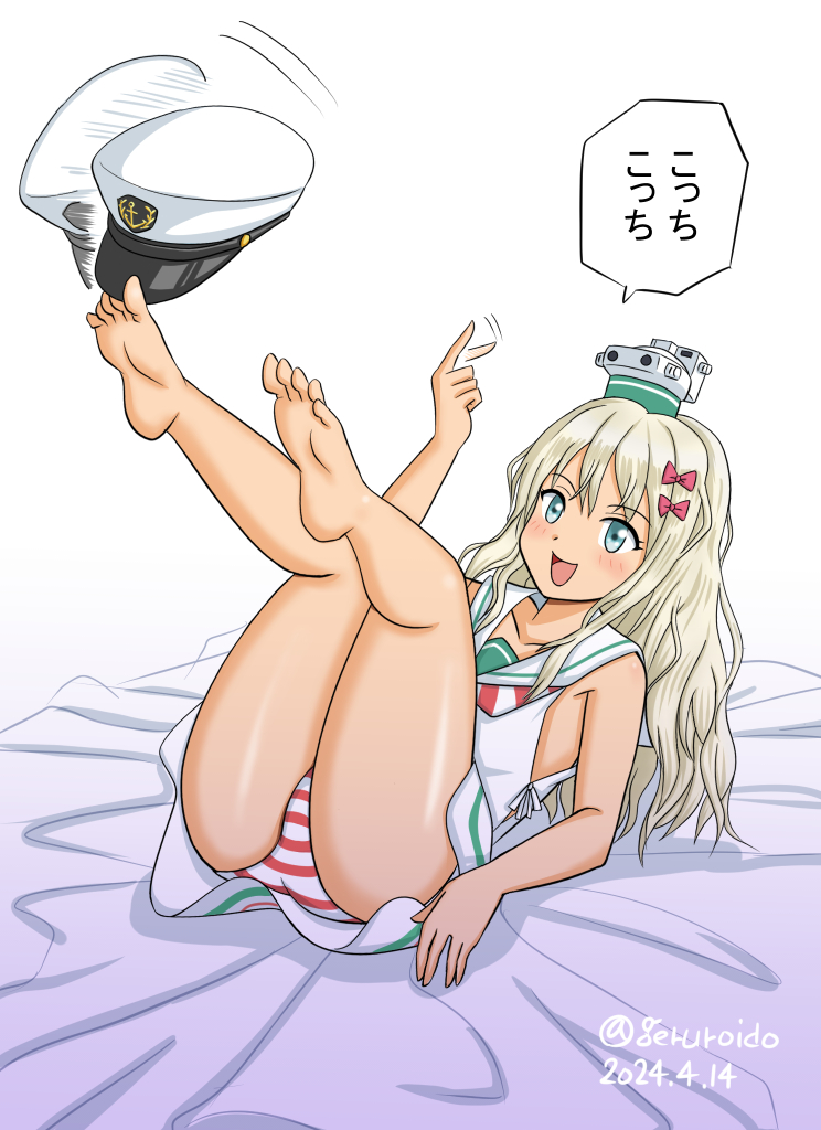 1girl barefoot blonde_hair bow come_hither commentary_request dress geru grecale_(kancolle) green_eyes hair_bow hat kantai_collection long_hair low-cut_armhole lying neckerchief one-hour_drawing_challenge panties peaked_cap pink_bow sailor_collar sailor_dress side-tie_dress simple_background sleeveless sleeveless_dress smile solo striped_clothes striped_neckerchief striped_panties underwear wavy_hair white_background white_dress white_hat white_sailor_collar
