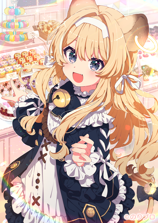 1girl :d animal_ears bell blonde_hair blue_dress blush bow dress food frilled_dress frills from_above grey_eyes hair_ribbon hairband lion_ears lion_girl lion_tail long_hair looking_at_viewer mamyouda neck_bell noripro open_mouth pointing regrush_lionheart ribbon shopping smile solo standing sweets tail tail_bow tail_ornament virtual_youtuber white_hairband white_ribbon