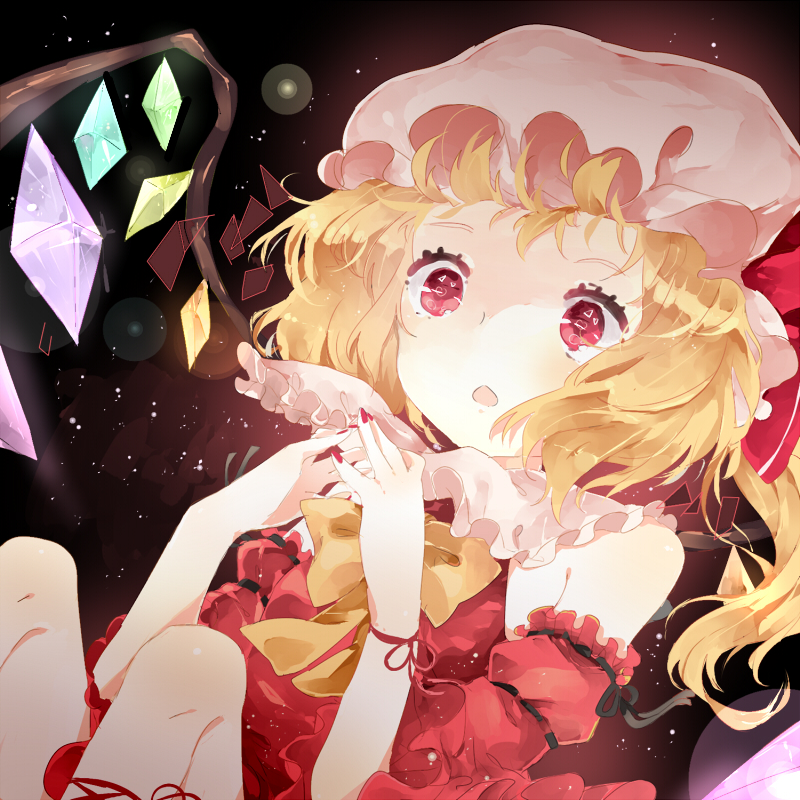 1girl adapted_costume bare_shoulders blonde_hair bow bowtie collared_shirt crystal dark_background detached_sleeves flandre_scarlet frilled_shirt_collar frills hat huang_bao_b medium_hair mob_cap multicolored_wings nail_polish one_side_up open_mouth red_eyes red_nails shirt simple_background touhou white_hat wings yellow_bow yellow_bowtie