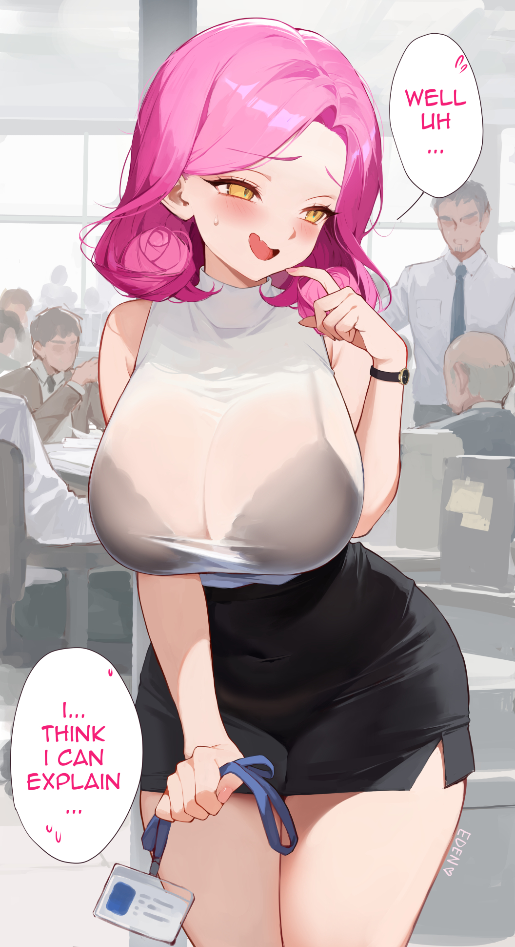 1girl blush bra_visible_through_clothes breasts collared_shirt dripping eden_(shiroki_yuutsu) formal highres lanyard large_breasts looking_at_viewer medium_hair miniskirt multiple_boys multiple_others office office_lady open_mouth original pencil_skirt pink_hair see-through see-through_shirt shirt simple_background skirt smile solo sweat thighs vanilla_(eden_(shiroki_yuutsu)) white_shirt yellow_eyes