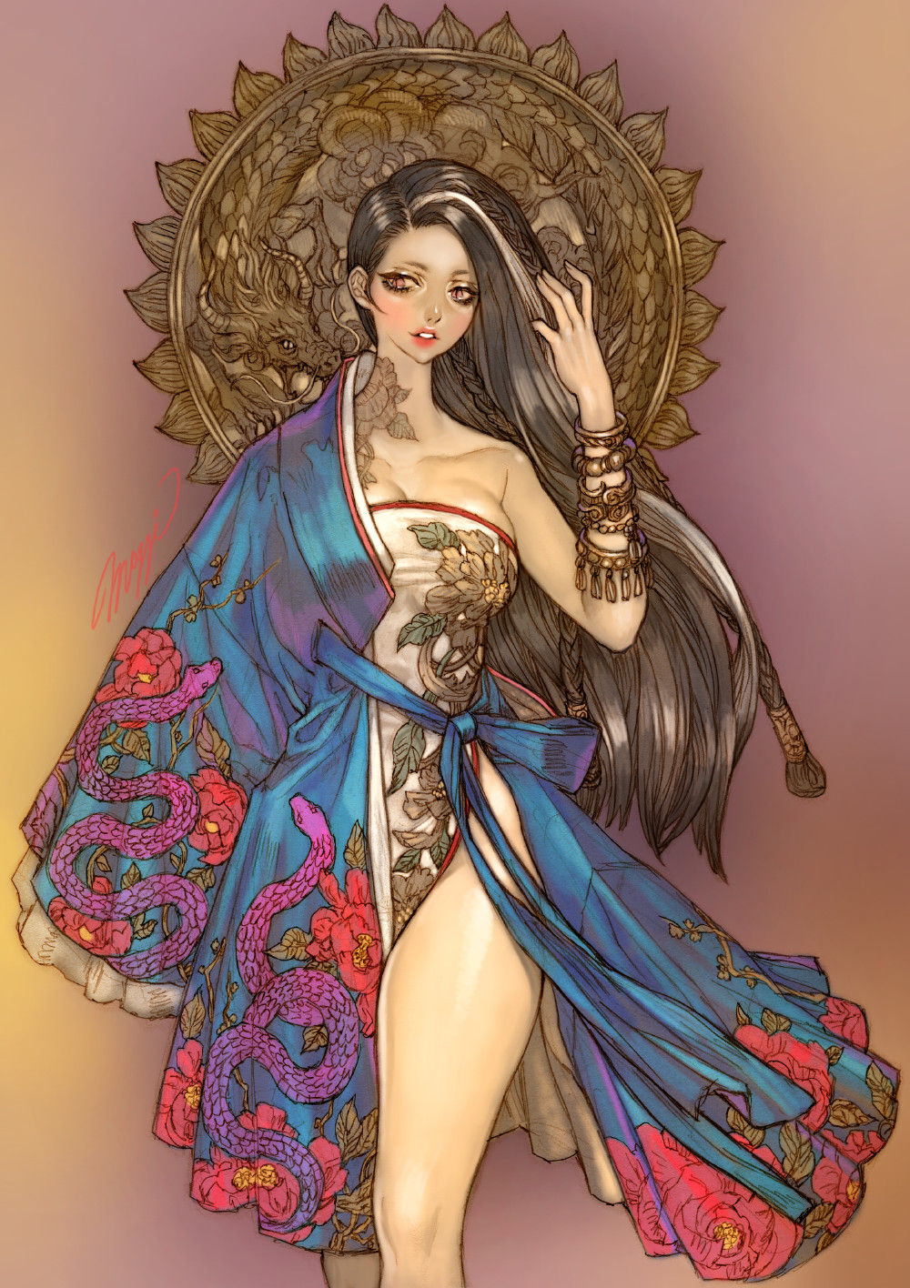 1girl arm_out_of_sleeve black_hair blue_robe bracelet braid breasts collarbone commentary dragon eastern_dragon eyelashes feet_out_of_frame floral_print flower flower_tattoo hair_behind_ear hair_tubes hand_up highres jewelry korean_clothes large_breasts long_hair looking_at_viewer maggi multicolored_hair multiple_braids neck_tattoo original parted_lips purple_background red_eyes red_flower robe sash side_braid sideways_glance signature slit_pupils snake_print solo standing strapless streaked_hair tattoo two-tone_background underwear very_long_hair white_hair wide_sleeves yellow_background