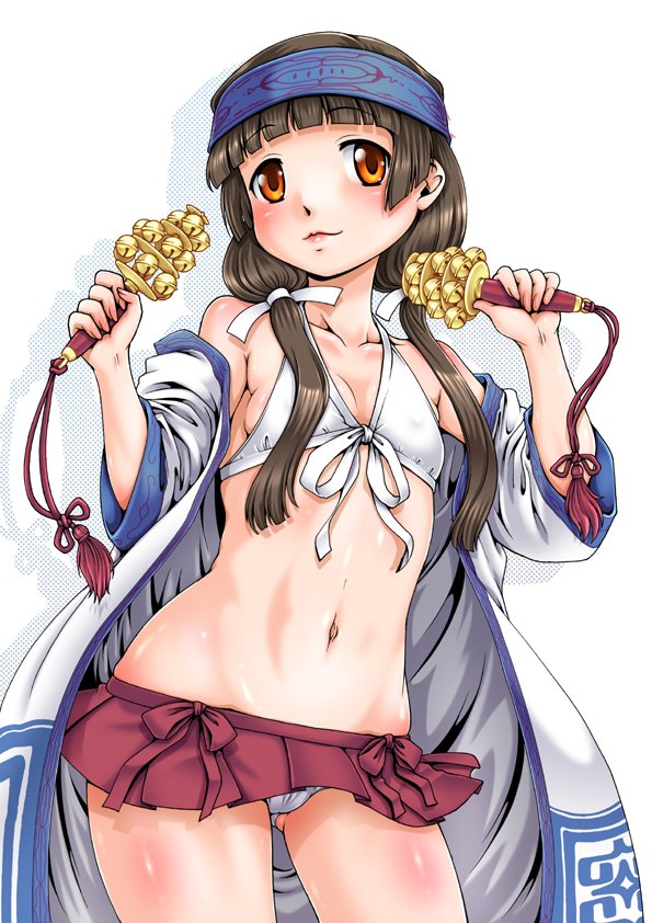 1girl amayadori_machi ass_visible_through_thighs bikini blue_headband blunt_bangs blunt_ends breasts commentary_request contrapposto covered_nipples cowboy_shot front-tie_bikini_top front-tie_top headband japanese_clothes kumamiko low_twintails miniskirt navel pleated_skirt skirt small_breasts smile solo swimsuit twintails type_90_(daihon'ei) white_bikini
