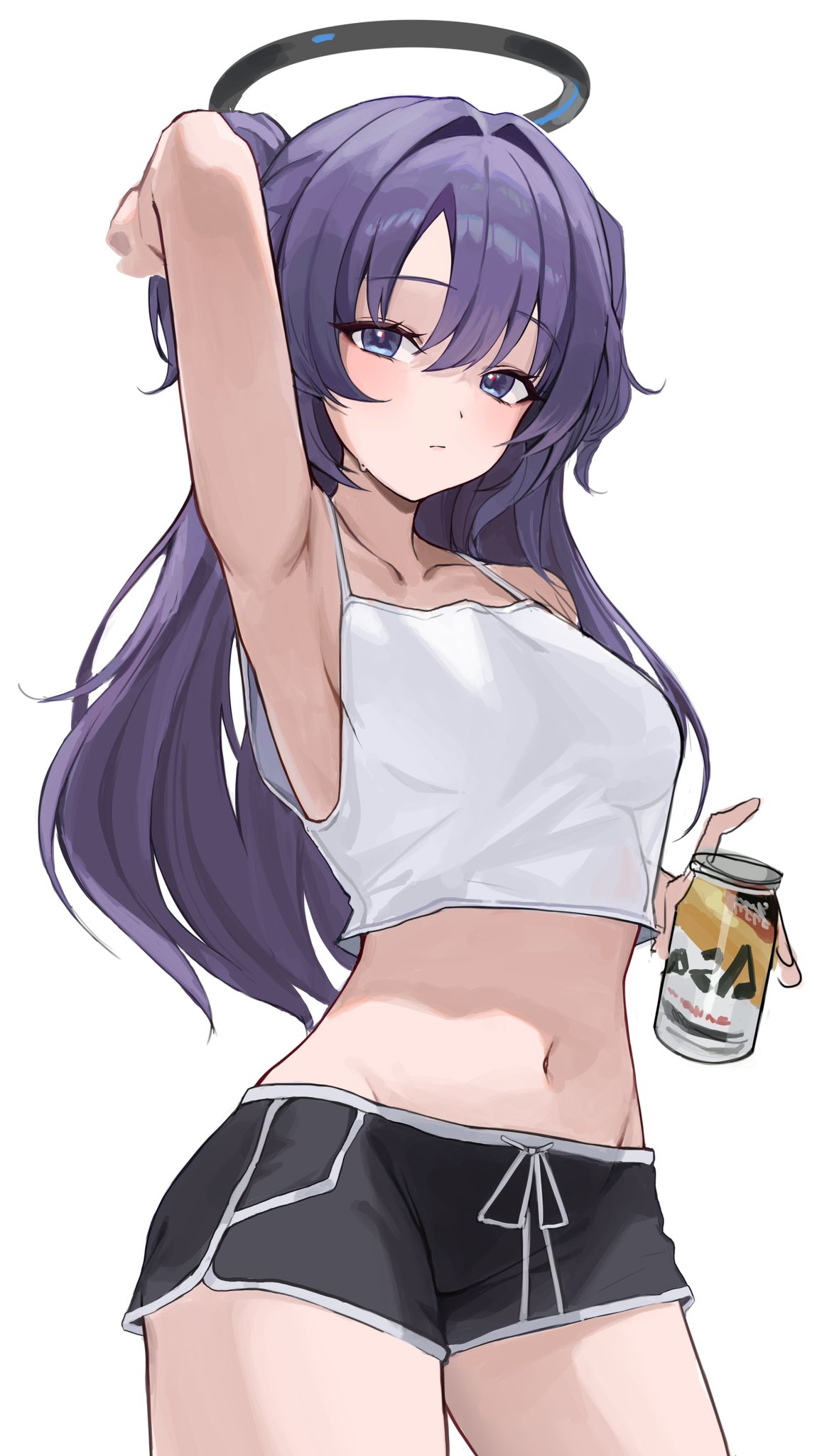 1girl arm_up armpits beer_can blue_archive blush breasts camisole can crop_top dolphin_shorts drink_can gusim halo highres holding holding_can long_hair looking_at_viewer mechanical_halo medium_breasts midriff navel purple_eyes purple_hair short_shorts shorts simple_background solo two_side_up white_background white_camisole yuuka_(blue_archive)