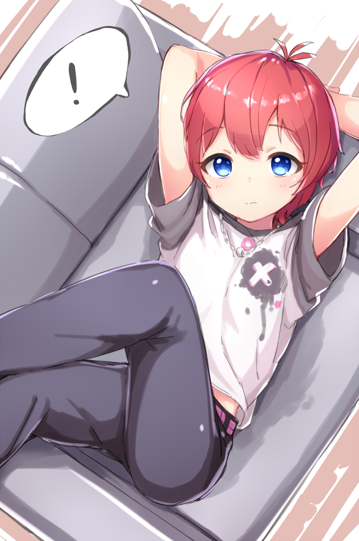 ! 1girl antenna_hair arms_behind_head arms_up black_pants blush breasts closed_mouth couch crossed_legs dot_nose double-parted_bangs idolmaster idolmaster_million_live! idolmaster_million_live!_theater_days jewelry julia_(idolmaster) kuresuku_(lessons) looking_at_viewer lying necklace on_back on_couch pants red_hair short_hair short_sleeves small_breasts solo speech_bubble wavy_mouth