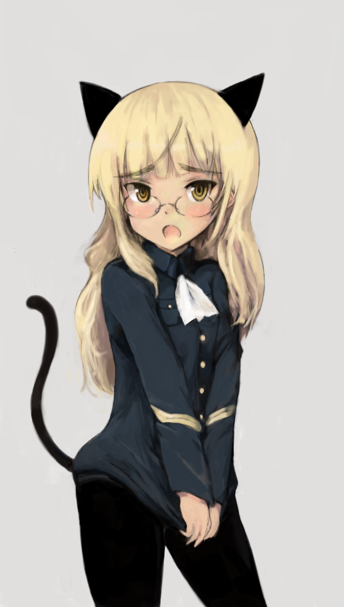 :o animal_ears bad_id bad_pixiv_id blonde_hair cat_ears glasses long_hair military military_uniform oimu_(ununsan) pantyhose perrine_h_clostermann shirt_tug solo strike_witches tail uniform world_witches_series yellow_eyes