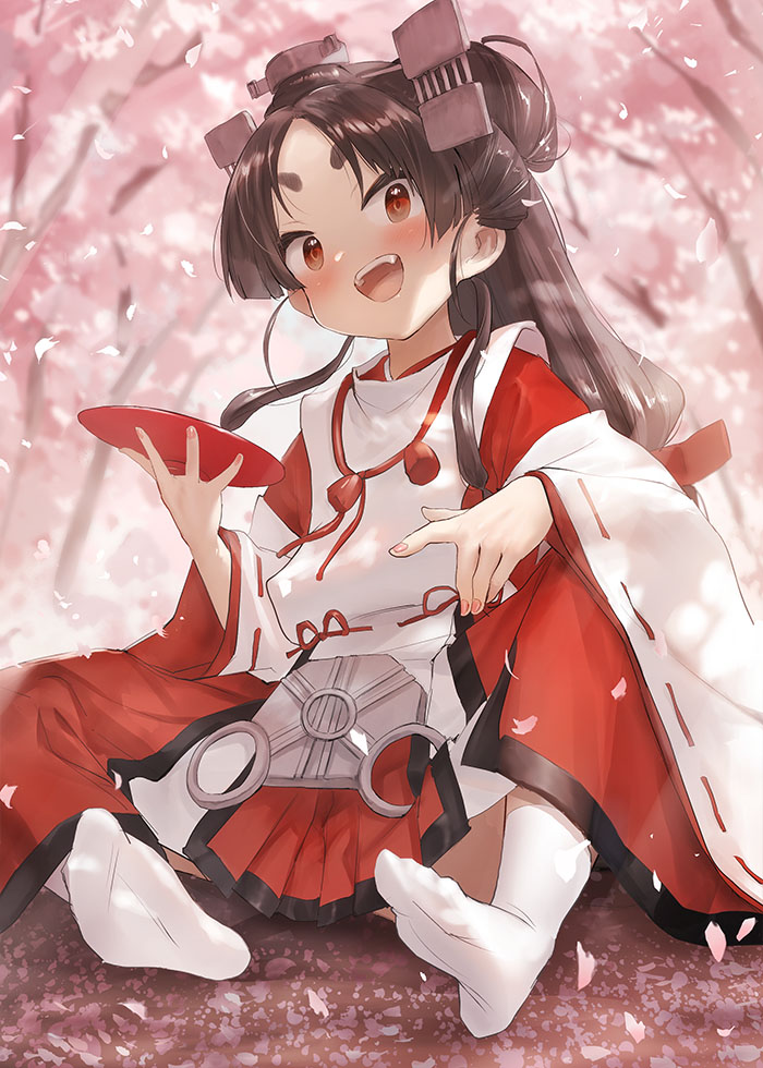 1girl black_hair brown_eyes hair_tie hakama hanami headgear high_ponytail japanese_clothes kantai_collection kariginu long_hair long_sleeves looking_at_viewer miko multi-tied_hair nisshin_(kancolle) no_shoes open_mouth petals red_hakama red_ribbon ribbon ribbon-trimmed_sleeves ribbon_trim saucer short_eyebrows sitting smile socks soles solo tabi teeth thick_eyebrows toka_(marchlizard) upper_teeth_only very_long_hair white_socks wide_sleeves