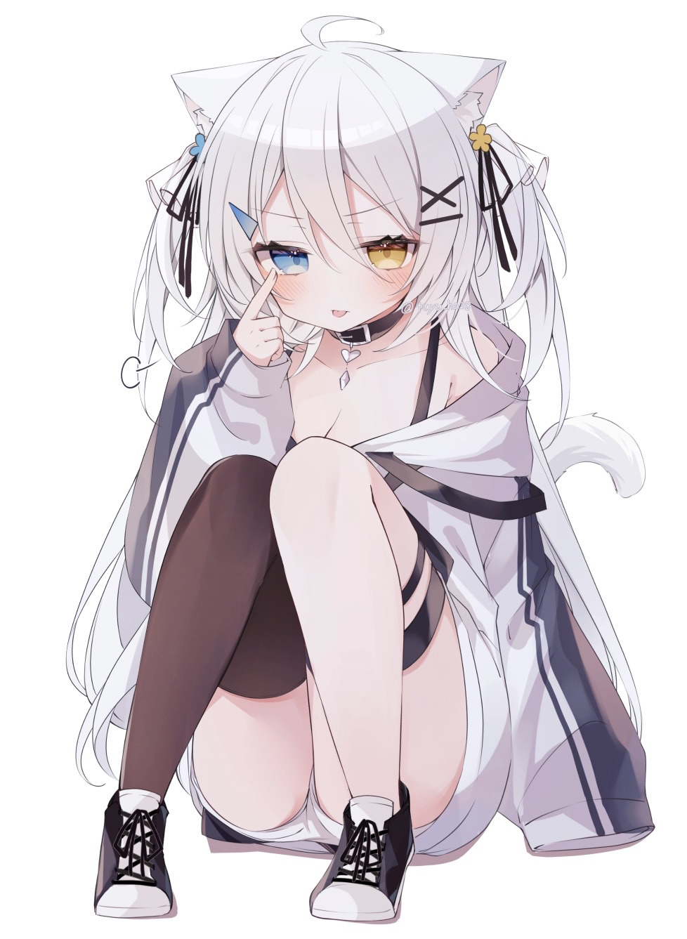 1girl animal_ears bare_shoulders black_footwear black_ribbon breasts brown_thighhighs cat_ears cat_girl cat_tail cleavage collarbone commentary_request grey_hair hair_ornament hair_ribbon hairclip heterochromia highres jacket knees_together_feet_apart knees_up long_hair long_sleeves medium_breasts off_shoulder original puffy_long_sleeves puffy_sleeves ribbon ringouulu shoes short_shorts shorts simple_background single_thighhigh sitting sleeves_past_fingers sleeves_past_wrists solo tail thighhighs two_side_up very_long_hair white_background white_jacket white_shorts