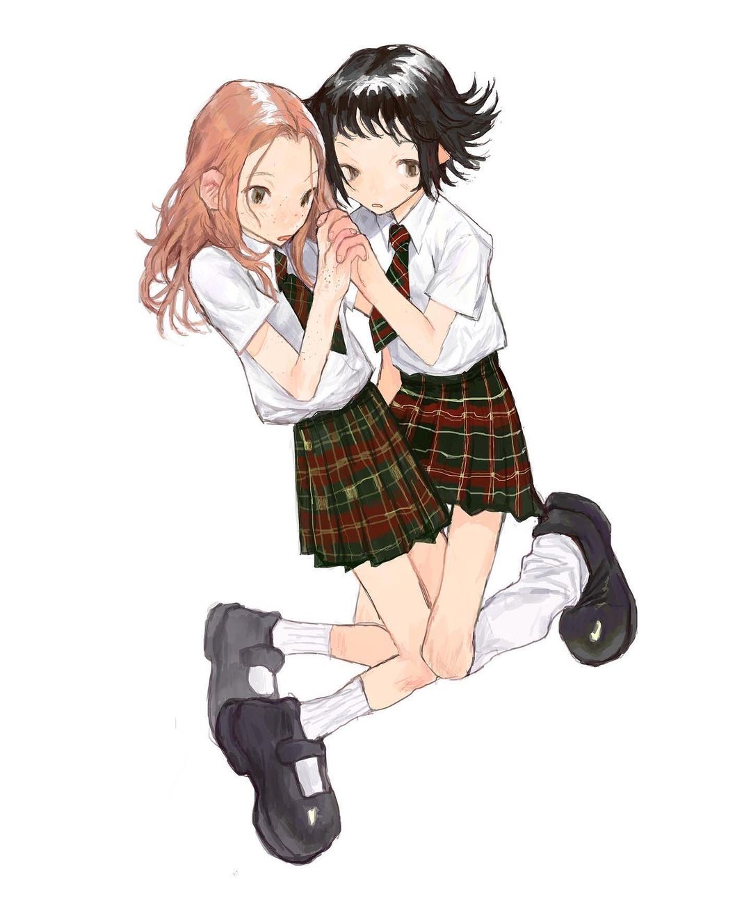 2girls ankle_socks black_hair body_freckles elena_sergeevna_katina freckles frown full_body highres holding_hands interlocked_fingers leg_warmers long_hair mary_janes midair multiple_girls necktie orange_hair plaid plaid_skirt pleated_skirt real_life russia school_uniform shoes short_hair short_sleeves skinny skirt socks tatu torpich wavy_hair white_background yulia_olegovna_volkova yuri