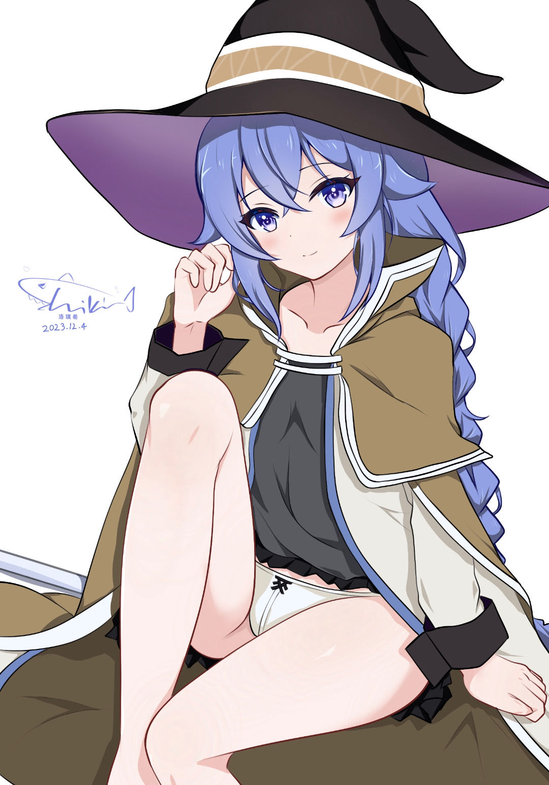 1girl black_hat black_shirt blue_eyes blue_hair blush braid brown_cloak cloak closed_mouth dated eyebrows_hidden_by_hair feet_out_of_frame flat_chest hair_between_eyes hand_in_own_hair hashtag-only_commentary hat highres jacket knee_up light_smile long_bangs long_hair looking_at_viewer luoqixi373925 mage_staff mushoku_tensei no_pants panties roxy_migurdia shirt signature sitting solo twin_braids underwear very_long_hair white_jacket white_panties witch_hat