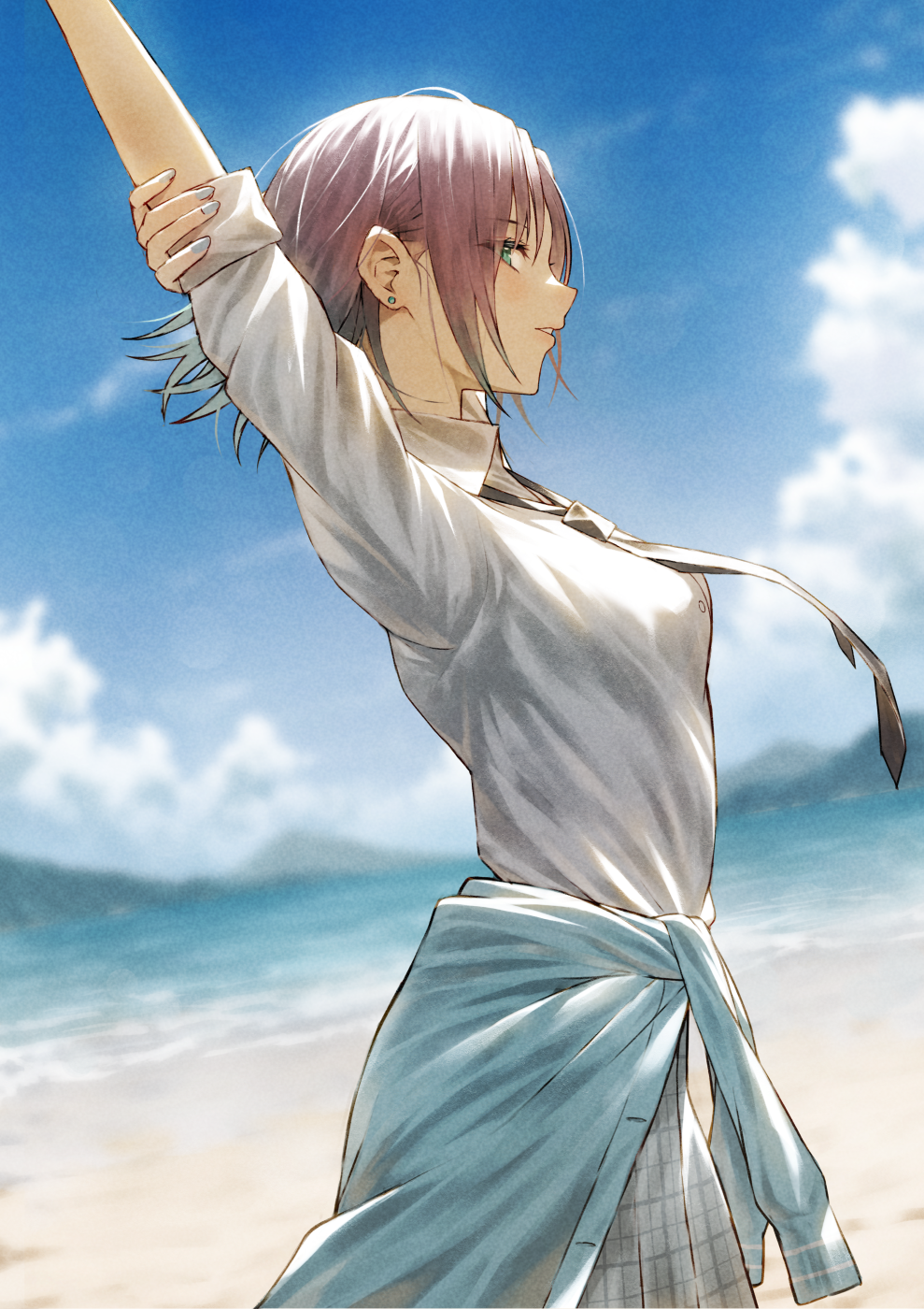 1girl arms_up asakura_toru beach black_necktie blue_cardigan blurry blurry_background cardigan cardigan_around_waist clothes_around_waist earrings fagi_(kakikaki) fingernails from_side grey_skirt highres idolmaster idolmaster_shiny_colors jewelry looking_at_viewer nail_polish necktie outdoors profile school_uniform shirt sideways_glance skirt solo stud_earrings white_shirt