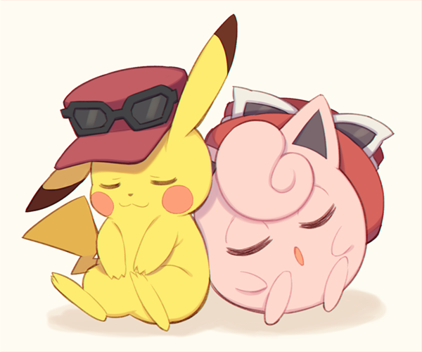 ambiguous_gender clothing duo eyewear generation_1_pokemon glasses hat hat_only headgear headgear_only headwear headwear_only jigglypuff mostly_nude nintendo pikachu pink_body pokemon pokemon_(species) semi-anthro sitting sleeping waddling_head wusagi2 yellow_body