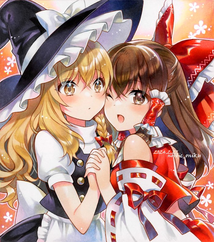 2girls apron black_vest blonde_hair blush bow braid brown_eyes brown_hair commentary_request dated detached_sleeves frilled_bow frilled_hair_tubes frills hair_bow hair_tubes hakurei_reimu hat hat_bow holding_hands interlocked_fingers kirisame_marisa long_hair marker_(medium) multiple_girls nordic_niku one_eye_closed open_mouth red_bow ribbon-trimmed_sleeves ribbon_trim short_sleeves side_braid single_braid skirt smile touhou traditional_media twitter_username vest waist_apron white_apron white_bow witch_hat yellow_eyes yuri