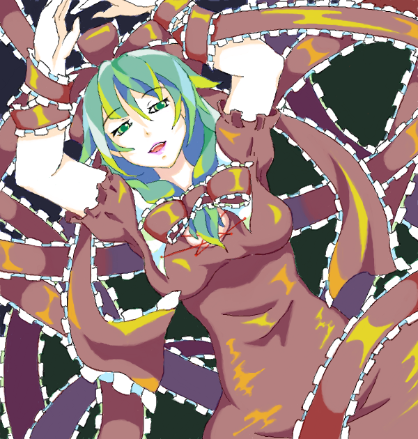 1girl breasts brown_dress brown_ribbon dress frilled_ribbon frills front_ponytail green_background green_eyes green_hair hair_ribbon kagiyama_hina looking_at_viewer medium_breasts medium_hair ribbon row_(akatuki) simple_background solo touhou