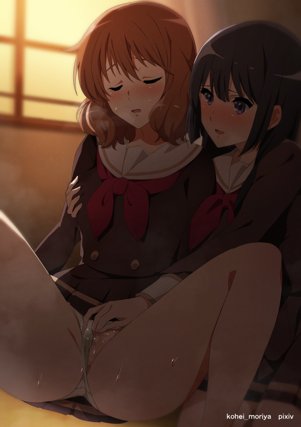 2girls black_hair blurry blurry_background blush brown_hair brown_shirt brown_skirt censored closed_eyes clothing_aside fingering grabbing grabbing_another's_breast hibike!_euphonium indoors kitauji_high_school_uniform kohei_moriya kousaka_reina long_hair mosaic_censoring multiple_girls neckerchief open_mouth oumae_kumiko panties panties_aside pixiv_username pleated_skirt purple_eyes pussy pussy_juice red_neckerchief sailor_collar school_uniform shirt short_hair skirt spread_legs steaming_body sweat underwear white_panties white_sailor_collar winter_uniform yuri