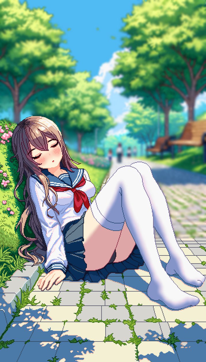 1girl arms_at_sides ass bench black_panties blue_sailor_collar blue_skirt blurry blurry_background blush breasts brown_hair closed_eyes cloud commentary cumulonimbus_cloud cy_h day depth_of_field dress_shirt flower foliage full_body grass hair_between_eyes hand_on_ground highres hill knees_up long_hair long_sleeves medium_breasts neckerchief no_shoes on_ground original outdoors panties pantyshot park park_bench parted_lips people pink_flower pixel_art pleated_skirt red_neckerchief sailor_collar school_uniform serafuku shadow shirt sitting skirt sky sleeping solo_focus stone_floor thighhighs tree underwear very_long_hair white_shirt white_thighhighs