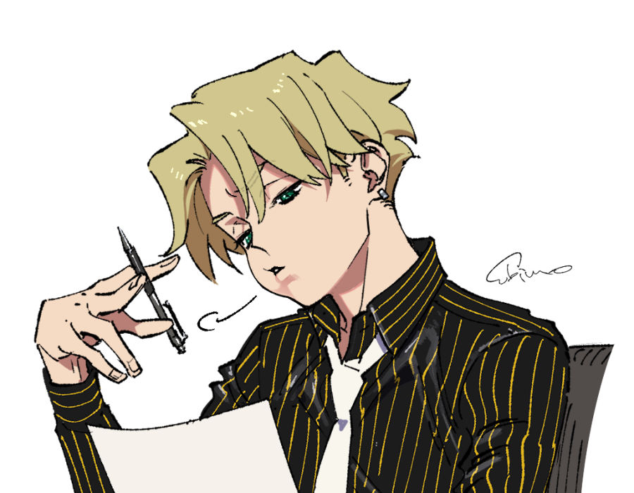 1boy black_shirt blonde_hair cheek_bulge collared_shirt ear_piercing finn_oldman from_side frown green_eyes hand_up head_tilt high_card holding holding_paper holding_pen looking_at_object male_focus mojisan_(ebimo) necktie paper parted_bangs parted_lips pen piercing portrait shirt short_hair sigh signature simple_background solo striped_clothes white_necktie