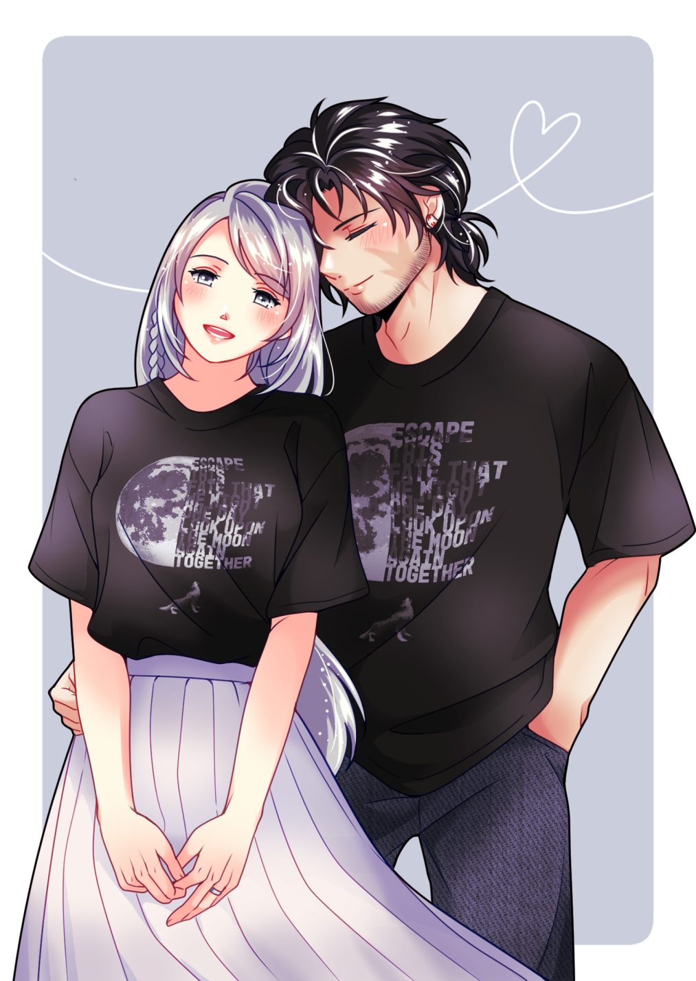 1boy 1girl alternate_costume babigonice black_hair braid clive_rosfield closed_eyes couple facial_hair final_fantasy final_fantasy_xvi grey_hair highres jewelry jill_warrick leaning_on_person long_hair matching_outfits ring scar scar_on_face shirt short_hair simple_background smile t-shirt uniqlo wedding_ring