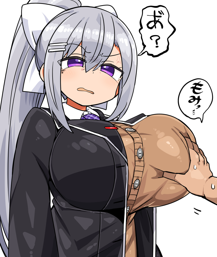 1girl anger_vein black_jacket bow breasts cardigan_vest collared_shirt confused dot_nose grey_hair groping higuchi_kaede higuchi_kaede_(1st_costume) huge_breasts jacket kanikama long_hair mole mole_under_eye necktie nijisanji open_clothes open_jacket open_mouth plaid_necktie ponytail purple_eyes purple_necktie raised_eyebrow school_uniform shirt speech_bubble sweatdrop very_long_hair virtual_youtuber white_background white_bow white_shirt