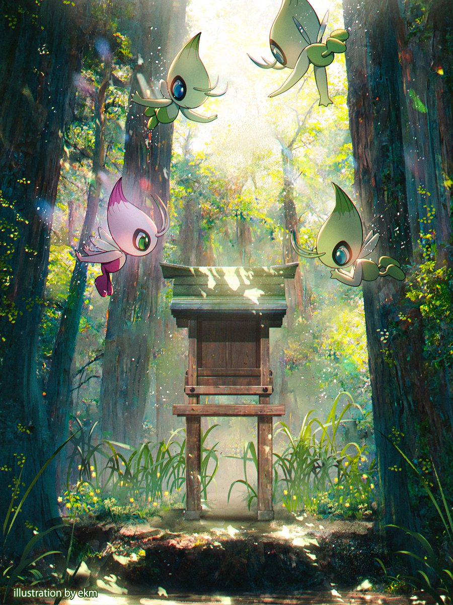 alternate_color animal_focus artist_name blue_eyes celebi dappled_sunlight day ekm flying forest green_eyes highres nature no_humans outdoors pokemon pokemon_(creature) shinto shiny_pokemon shrine sunlight