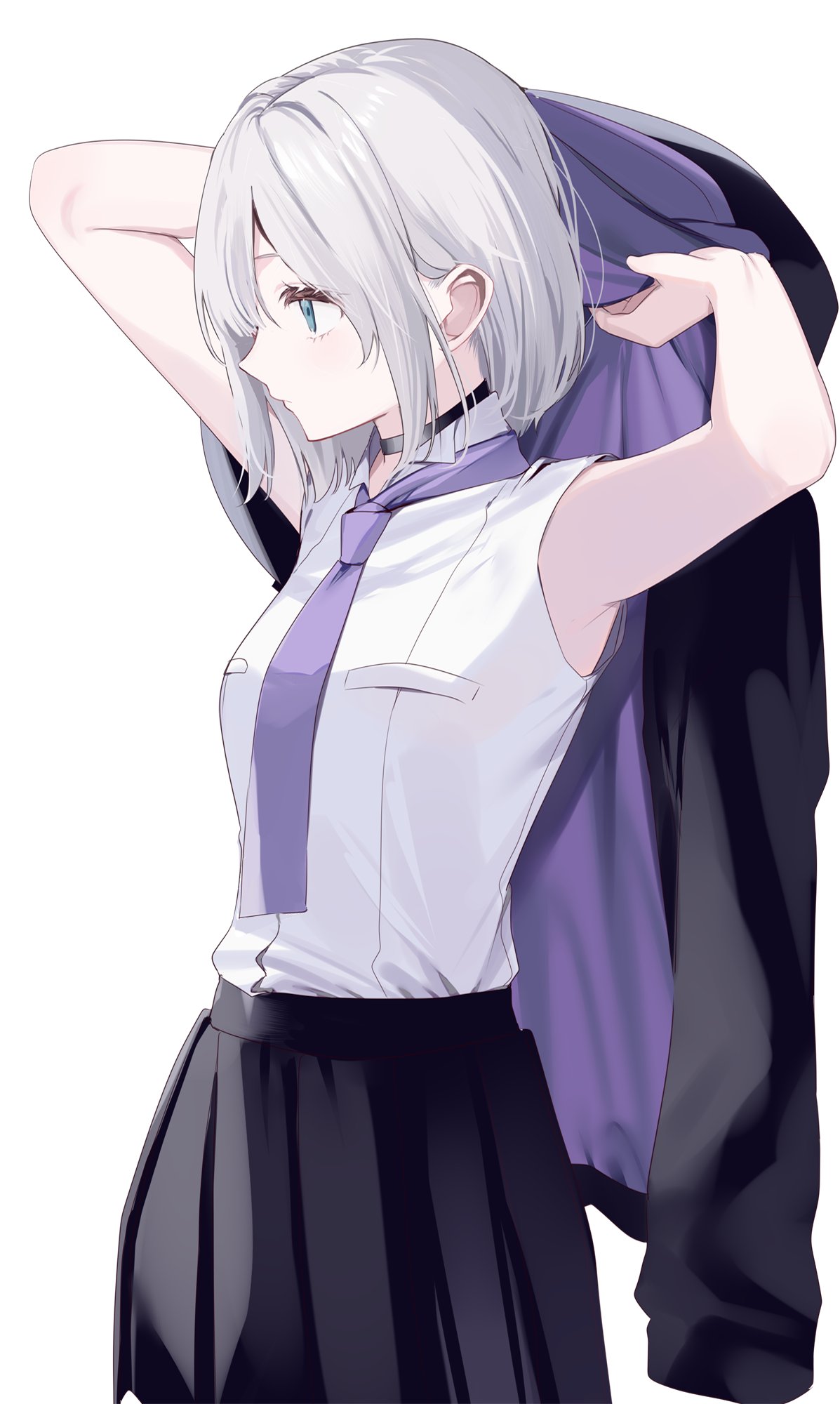 1girl black_choker black_hoodie black_skirt choker collared_shirt green_eyes grey_hair highres holding_hoodie hood hoodie jacket kaga_sumire looking_to_the_side lupinus_virtual_games misumi_(macaroni) necktie pleated_skirt purple_hoodie purple_necktie shirt short_hair skirt sleeveless sleeveless_shirt solo two-sided_fabric two-sided_jacket unworn_jacket virtual_youtuber vspo! white_shirt