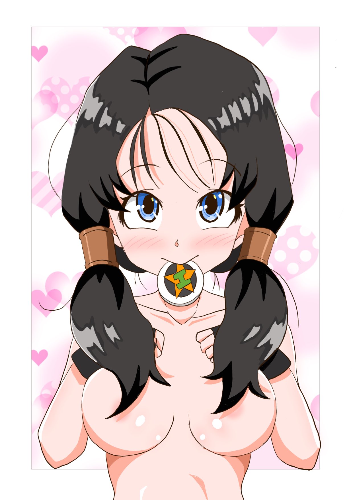 1girl black_hair blue_eyes blush breasts closed_mouth dragon_ball dragon_ball_z heart heart_background highres long_hair looking_at_viewer smile solo topless twintails videl