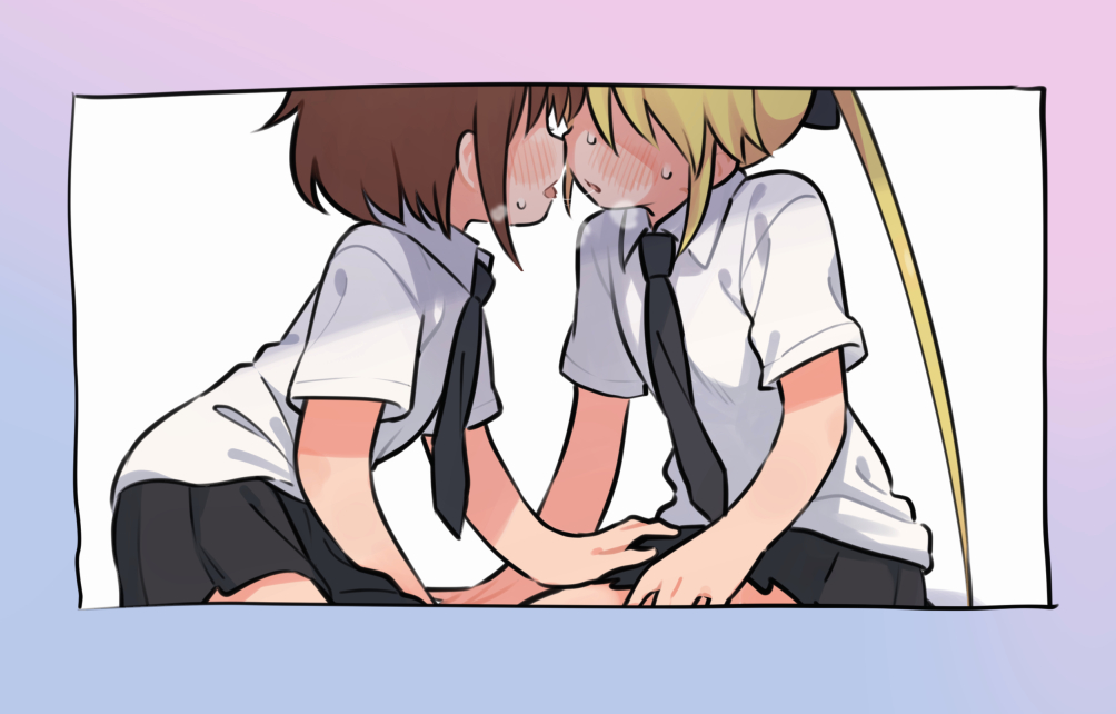 2girls after_kiss black_necktie black_skirt blonde_hair blue_border border breath brown_hair collared_shirt commentary_request cowboy_shot face-to-face faceless faceless_female gradient_border hand_on_another's_thigh kill_me_baby long_hair meis_(terameisu) multiple_girls necktie open_mouth oribe_yasuna pleated_skirt purple_border saliva saliva_trail school_uniform shirt short_hair short_sleeves simple_background sitting skirt sonya_(kill_me_baby) sweat tongue tongue_out twintails white_background white_shirt yuri