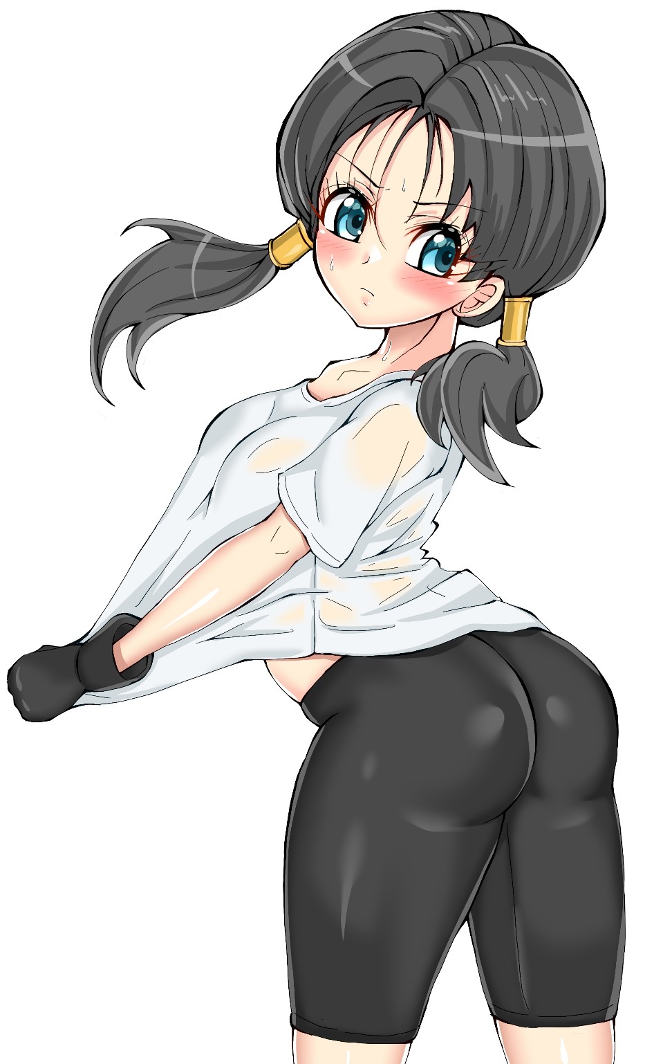 1girl ass bike_shorts black_hair blue_eyes blush breasts closed_mouth dragon_ball dragon_ball_z freedom_xdrive gloves highres long_hair looking_at_viewer shirt simple_background solo twintails videl white_background white_shirt