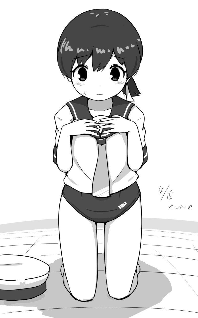 1girl commentary_request cosplay curse_(023) full_body greyscale hands_on_own_chest hat hiburi_(kancolle) highres i-168_(kancolle) i-168_(kancolle)_(cosplay) kantai_collection kneeling low_ponytail monochrome neckerchief sailor_collar sailor_hat sailor_shirt school_swimsuit school_uniform serafuku shirt short_hair solo swimsuit swimsuit_under_clothes unworn_hat unworn_headwear