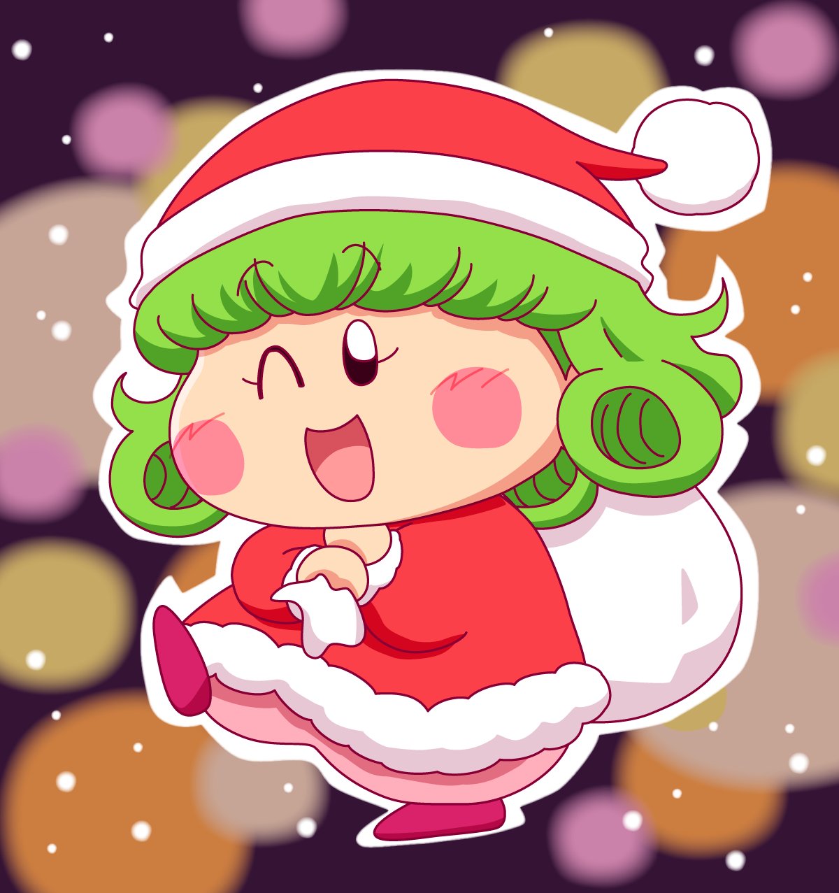 1girl ;d blunt_bangs blush_stickers commentary_request dress green_hair hat highres holding holding_sack koyamaru3 leg_up long_hair mini_person minigirl mirumo_de_pon! one_eye_closed pajamas pink_pajamas rirumu_(mirumo_de_pon!) sack santa_costume santa_dress santa_hat smile solid_oval_eyes solo