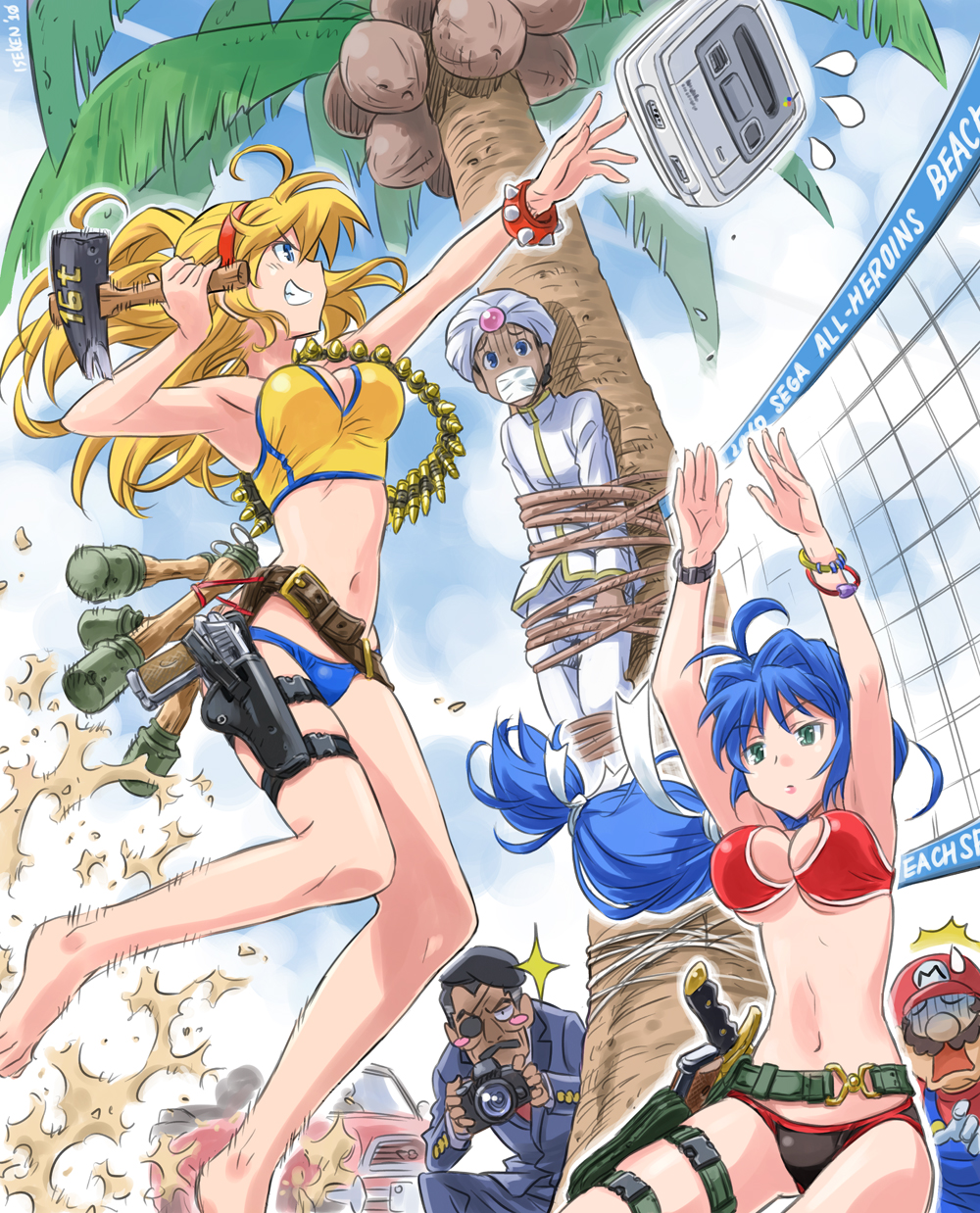 2girls 3boys adapted_costume against_tree alternate_costume antenna_hair armpits arms_up bandolier barefoot battle_mania bdsm beach beach_volleyball belt beret bikini black_hair blonde_hair blue_eyes blue_hair blush_stickers bondage bound bound_legs bound_torso bracelet breasts camera car cartridge cleavage cloud coconut coconut_tree console_war crossover dated day explosive eyepatch facial_hair floating_hair flying_sweatdrops formal gag game_console green_eyes grenade grin ground_vehicle gun hair_intakes hairband hammer handgun haneda_maria hat highres holding holster improvised_gag isedaichi_ken jewelry jumping knife koutaishi_denka large_breasts legs long_hair looking_at_viewer loose_belt low-tied_long_hair mario mario_(series) motor_vehicle multicolored_hair multiple_boys multiple_girls mustache navel nintendo ootorii_mania outdoors outline overalls palm_tree raised_eyebrows rope sand sega shaded_face sheath sheathed short_hair signature sky smile sparkle spiked_bracelet spikes suit super_famicom super_mario_bros. sweatdrop swimsuit taisa_(battle_mania) tape tape_gag thigh_holster thigh_strap tied_up tree turban turtleneck two-tone_hair underboob volleyball_net watch weapon wristwatch