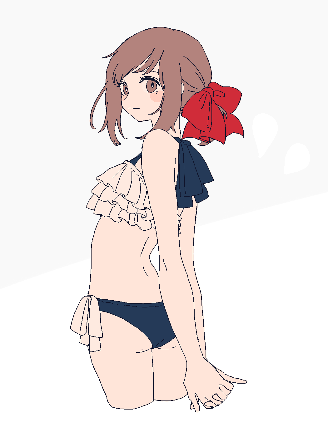 1girl arms_behind_back ass bikini blush_stickers bow brown_eyes brown_hair cropped_legs frilled_bikini frills from_behind hair_bow highres looking_at_viewer looking_back maco22 original own_hands_together side-tie_bikini_bottom smile solo swimsuit