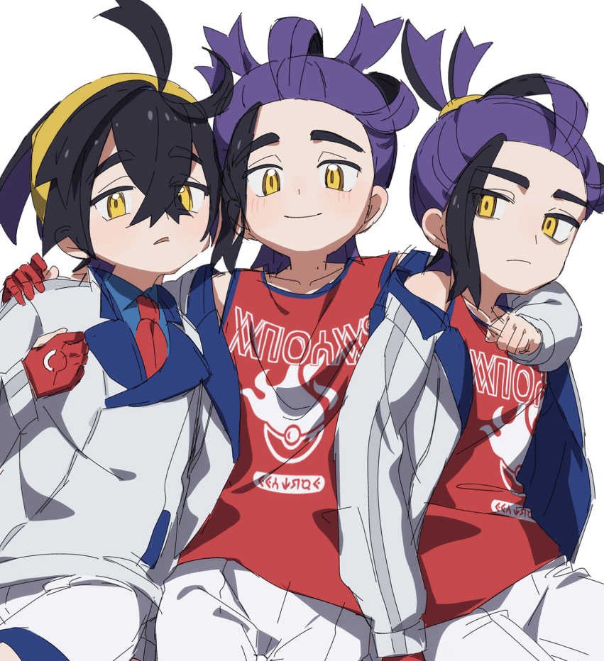 3boys arm_around_shoulder black_hair blue_shirt blush closed_mouth crossed_bangs dual_persona gloves hair_between_eyes hairband jacket kieran_(pokemon) long_sleeves looking_at_viewer male_focus mole mole_on_neck multicolored_hair multiple_boys nun_x_x open_clothes open_jacket parted_lips partially_fingerless_gloves pokemon pokemon_sv purple_hair red_tank_top shirt shorts simple_background single_glove tank_top white_background yellow_eyes