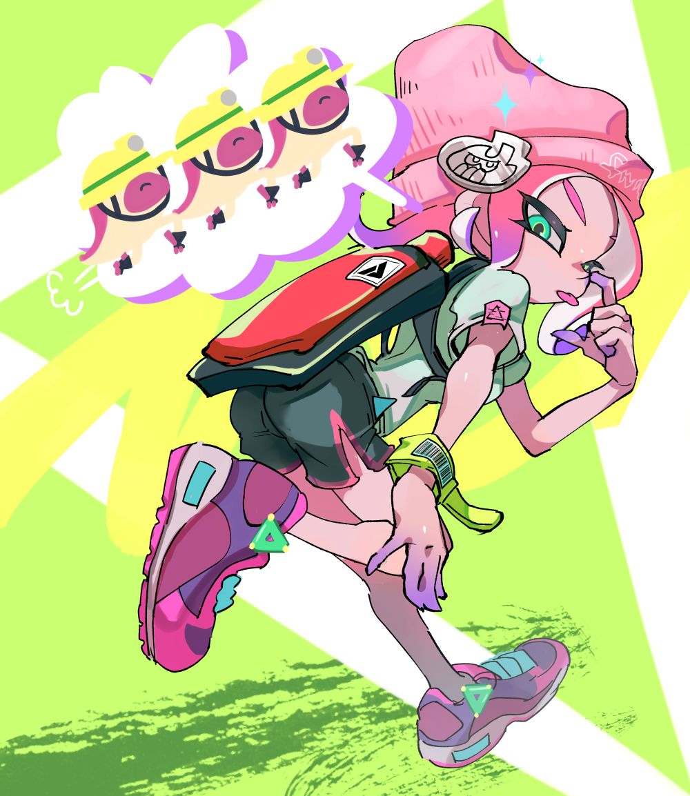 1girl aqua_eyes aqua_shirt beanie bent_over black_shorts colored_skin gradient_hair gradient_skin green_background hand_up hat ink_tank_(splatoon) koike3582 leg_up medium_hair multicolored_footwear multicolored_hair multicolored_skin octoling octoling_girl octoling_player_character pink_hair pink_hat purple_hair purple_skin shirt shoes short_sleeves shorts side_slit side_slit_shorts solo splatoon_(series) t-shirt tentacle_hair tongue tongue_out two-tone_hair two-tone_skin