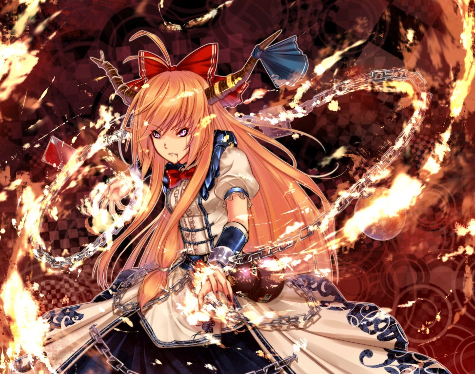 adapted_costume bow chain horns ibuki_suika kugi_ta_hori_taira orange_hair solo touhou