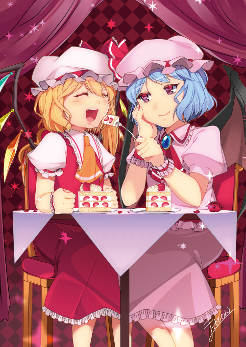 2girls ascot bat_wings blonde_hair blue_brooch blue_hair brooch cake chair checkered_background closed_mouth collared_shirt crystal facing_another feeding feet_out_of_frame flandre_scarlet food fork frilled_shirt_collar frilled_skirt frilled_sleeves frills fruit hand_on_own_cheek hand_on_own_face happy hat hat_ribbon holding holding_fork indoors jewelry light_smile looking_at_another matsumoto-san mob_cap multicolored_wings multiple_girls nail_polish on_chair open_mouth pink_curtains pink_hat pink_shirt pink_skirt plate puffy_short_sleeves puffy_sleeves red_ascot red_eyes red_nails red_ribbon red_skirt red_vest remilia_scarlet ribbon shirt short_sleeves siblings signature sisters skirt skirt_set strawberry strawberry_shortcake table tablecloth touhou vest white_hat white_shirt wings wooden_chair wrist_cuffs yellow_ascot