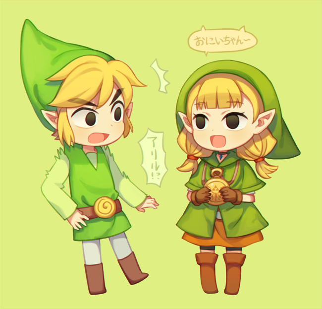 blonde_hair boots clothing duo elf eye_contact female footwear gloves hair handwear hat headgear headwear humanoid humanoid_pointy_ears hylian hyrule_warriors light_body light_skin linkle looking_at_another male nintendo not_furry shirt simple_background speech_bubble the_legend_of_zelda toon_link topwear tunic wind_waker wusagi2