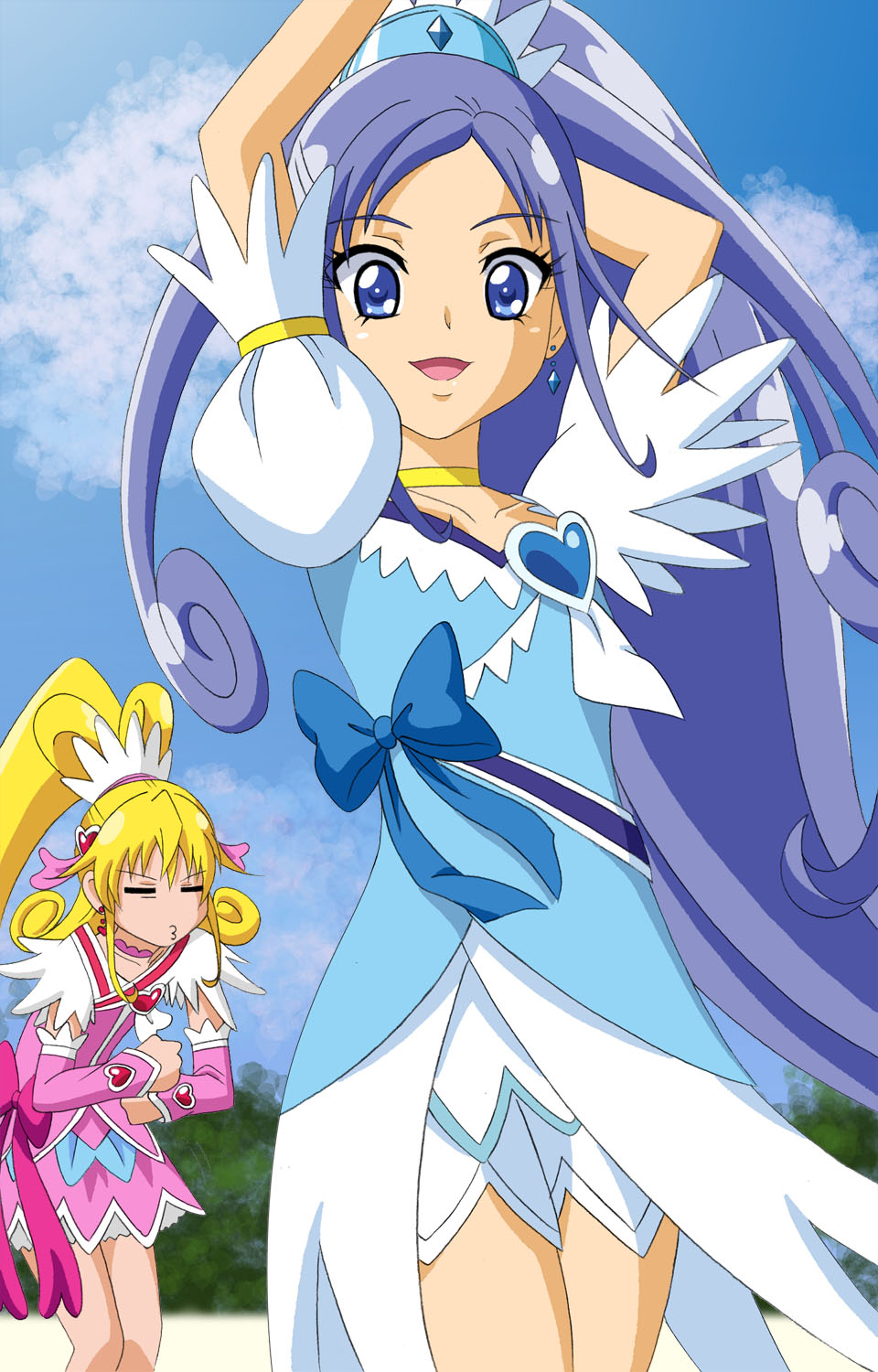 2girls aida_mana arm_warmers arms_up blonde_hair blue_bow blue_eyes blue_hair blue_sky bow bracelet brooch choker cloud cloudy_sky collarbone cure_diamond cure_heart dancing dokidoki!_precure earrings forest fuchi_(nightmare) hair_ornament heart heart_brooch heart_hair_ornament high_ponytail highres hishikawa_rikka jewelry long_hair looking_at_viewer magical_girl multiple_girls nature open_mouth outdoors pink_arm_warmers pink_bow pink_choker pink_sleeves pink_wrist_cuffs ponytail precure puffy_sleeves sky smile waist_bow wide_ponytail wrist_cuffs yellow_choker