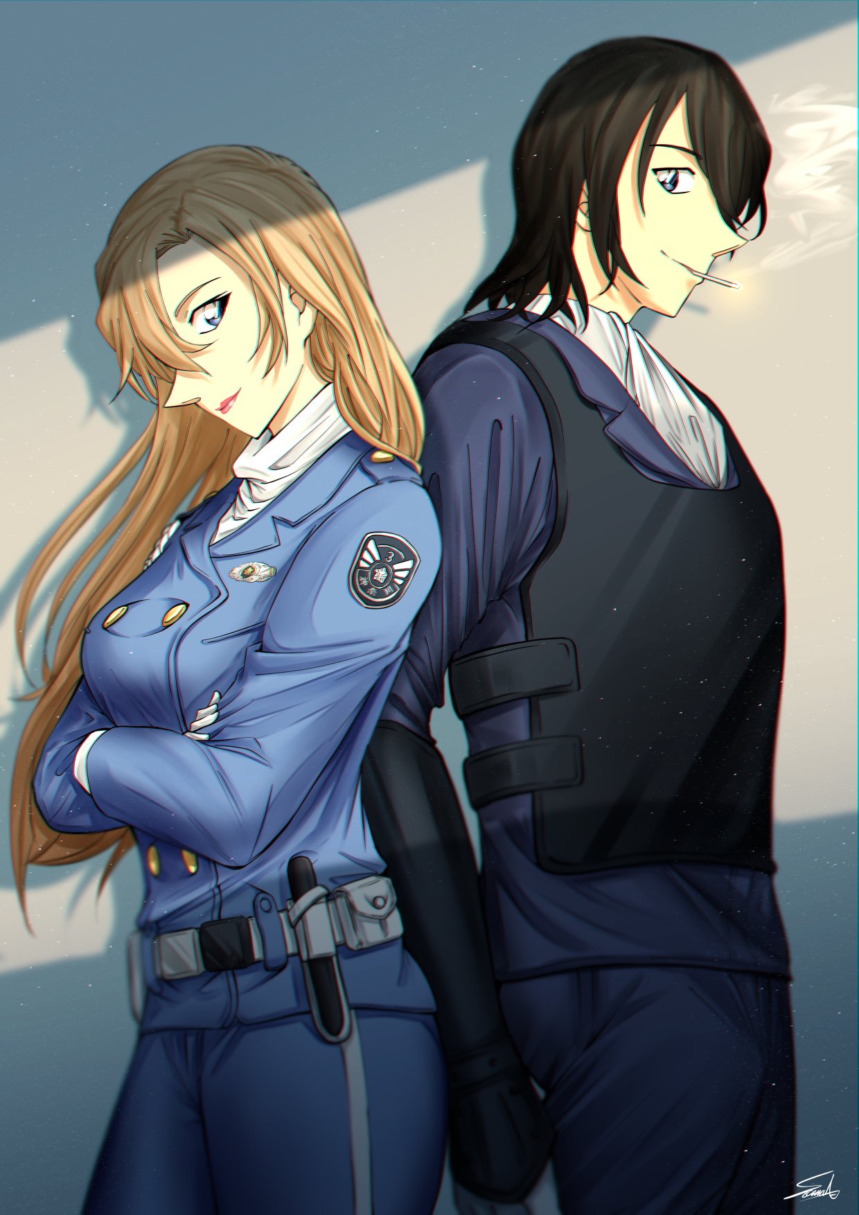 1boy 1girl ascot belt blue_eyes blue_jacket brother_and_sister brown_hair cigarette commentary_request cowboy_shot crossed_arms hagiwara_chihaya hagiwara_kenji highres jacket long_hair meitantei_conan pink_lips police police_uniform policeman policewoman profile short_hair siblings smile smoke solo sooma4869 uniform white_ascot