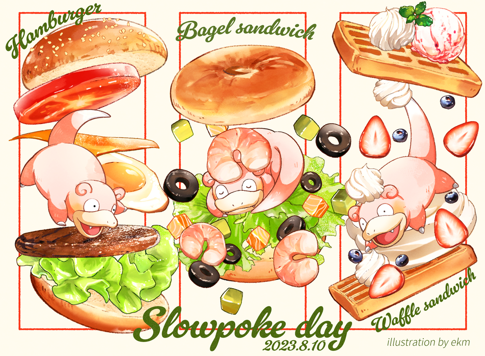 artist_name bagel_sandwich burger closed_eyes dated ekm english_text falling fangs food food_focus food_name fried_egg fruit ice_cream in_food lettuce meat mint no_humans open_mouth outside_border pokemon pokemon_(creature) sandwich sesame_seeds shrimp sleeping sliced_cheese slowpoke strawberry tomato tomato_slice waffle